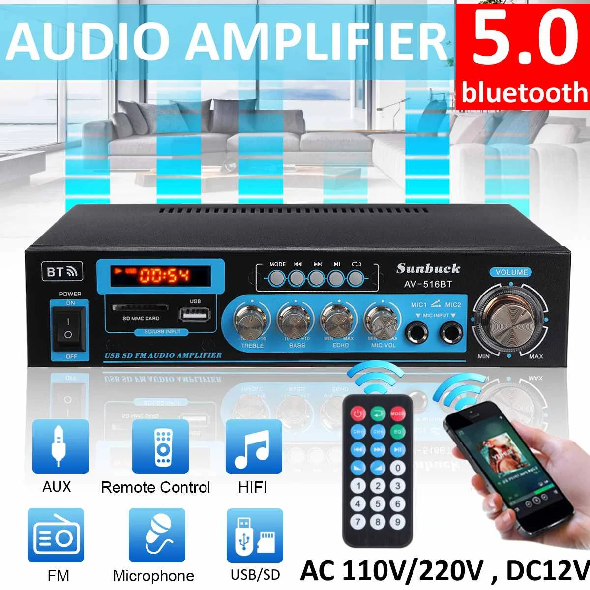 Усилитель звука HIFI 2 канала 2000 Вт Мощность bluetooth 220 В Усилители для домашнего