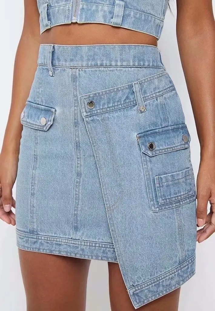 

Non-mainstream Design-Irregular Oblique Placket Denim Skirt after Zipper High-waisted Washing Retro Skirt Short Skirt