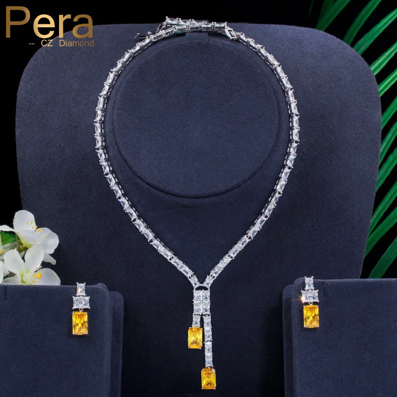Pera африканская Женская квадратная огранка желтый кубический цирконий блестящее длинное ожерелье с подвеской и серьгой для украшения для свадебного наряда набор J297