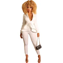 Белые элегантные комплекты трусов для женщин, Тонкий Блейзер с оборками по подолу+ брюки длиной до щиколотки, сексуальные деловые вечерние костюмы из 2 предметов