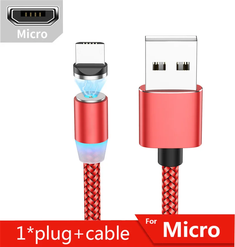 Red for Micro Tkey 1 м/2 м USB кабель тип-c светодиодный светильник Магнитный кабель лилон Плетеный Микро магнит зарядное устройство для мобильного телефона для iphone Xr samsung S10 - Цвет: Red for Micro