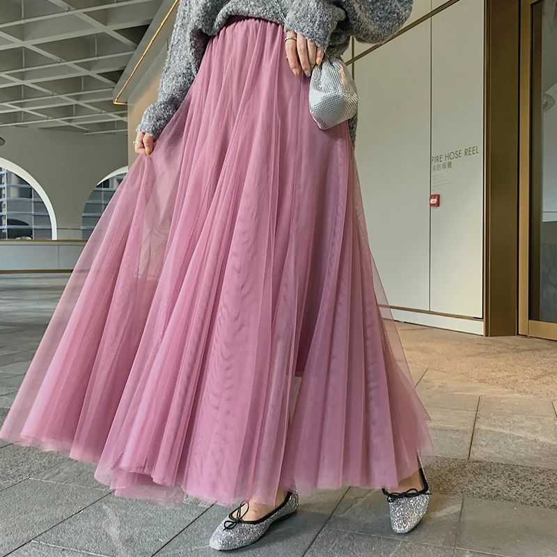 

Autumn winter women a-line skirts 2019 Bohemian elegant mesh tulle maxi skirt Fuchsia elastic high waist tutu big swing skirt