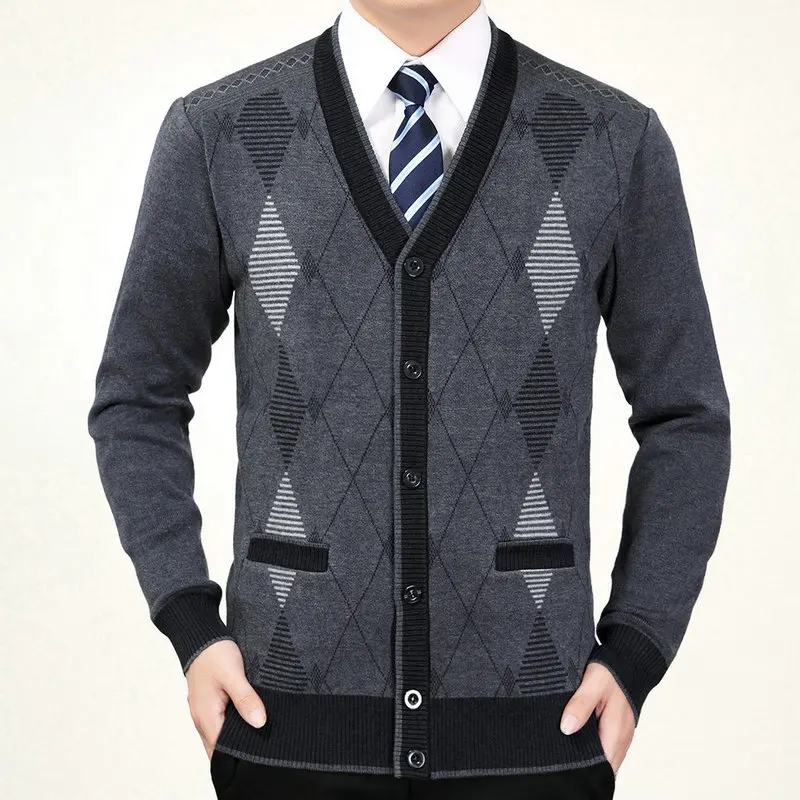 Men Elegant Wool Cardigan Sweaters Autumn Spring Dark Gray Camel Argyle Pattern Knitted Tops Male Smart Casual Plaid Knitwear