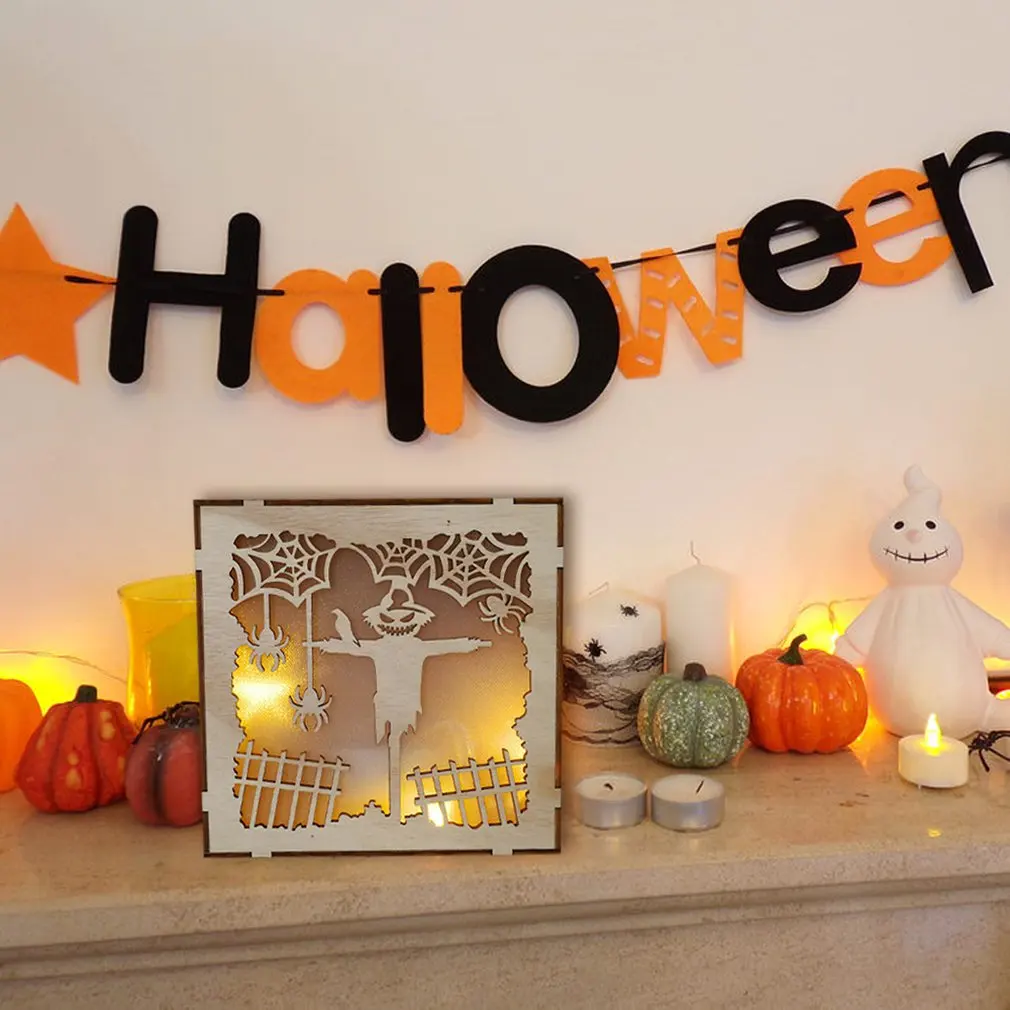 Деревянный светодиодный светильник для Хэллоуина, квадратный, лазерный, полый, тыквенный человек, паук, сетчатый светильник, трехмерное украшение