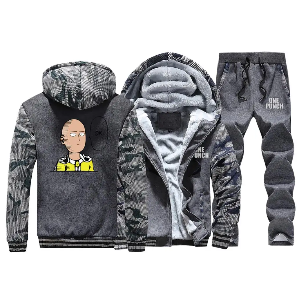 One Punch Man толстовки Сайтама Японская уличная одежда Аниме Мужская Толстовка Зимняя мужская куртка на молнии+ брюки 2 шт наборы флисовый теплый костюм - Цвет: Dark Gray