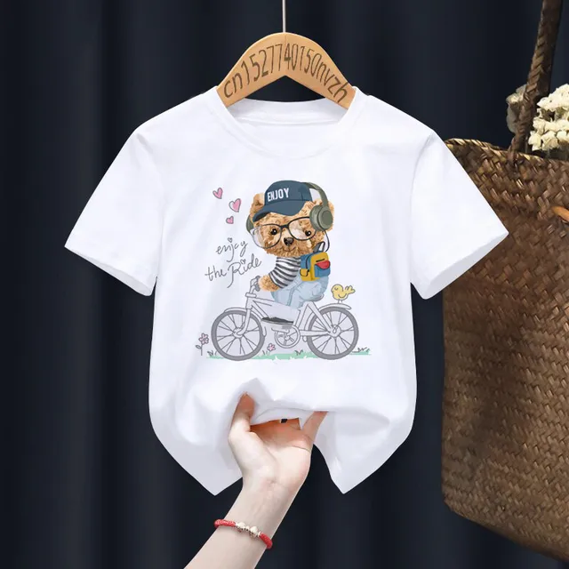 Funny Bear Riding Motorcycle Print Boy Girl White T-shirt Kid Summer Harajuku Kawaii Funny Little Baby Y2K Clothes,Drop Ship 5