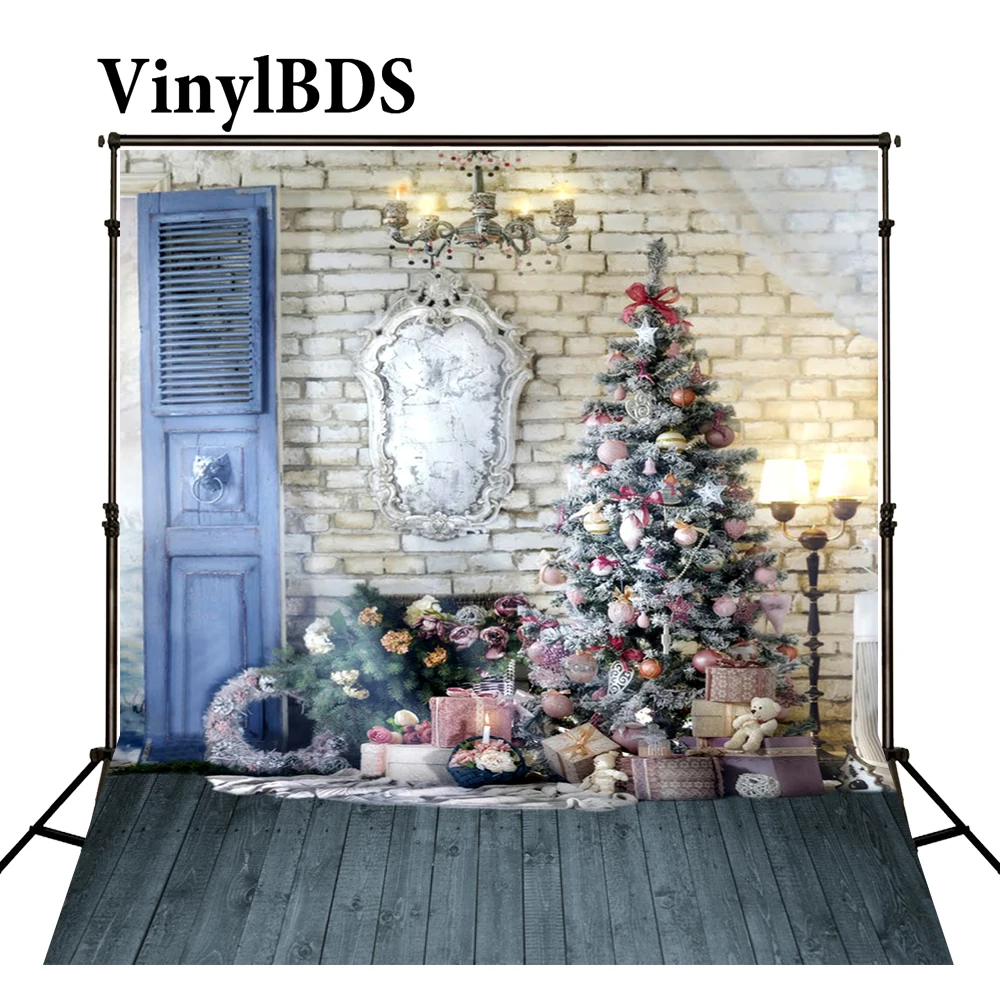 VinylBDS Christmas Backdrop Photography White Brick Wall Wood Floor Background Tree For Children Photo Studio | Электроника