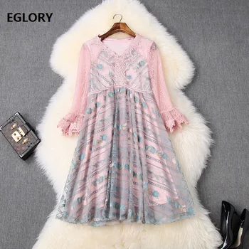 

Sweet Cute Dress 2020 Spring Style Women V-Neck Lace Mesh Embroidery Patchwork Flare Sleeve Sweet Pink Party Ladies Dresses