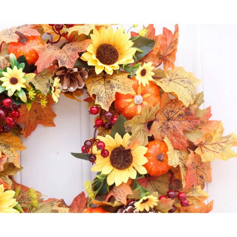 Autumn Artificial Maple Leaf Front Door Wreath Seasonal Home Decor For Window Wall Sunflowers Pumpkins Berries And Pine Cone