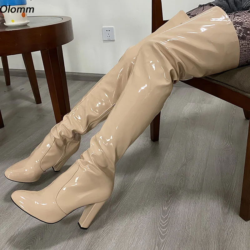 

OLOMM 2022 Women Winter Thigh Boots Square Heels Boots Nice Round Toe Gorgeous Apricot Purple Party Shoes Ladies US Size 5-20