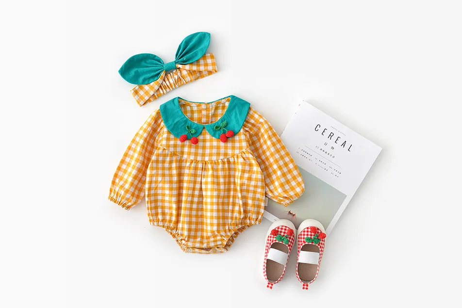 Autumn Infants Little Children Climbing Clothes Newborn Baby Plaid Doll Collar Cherry Cotton Jumpsuit with Bow Knot Headband Top