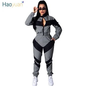 

HAOYUAN Sexy Splice Two Piece Set Tracksuit Women Fall Clothing Top and Jogger Pants Sweat Suits 2 Piece Outfits Matching Sets