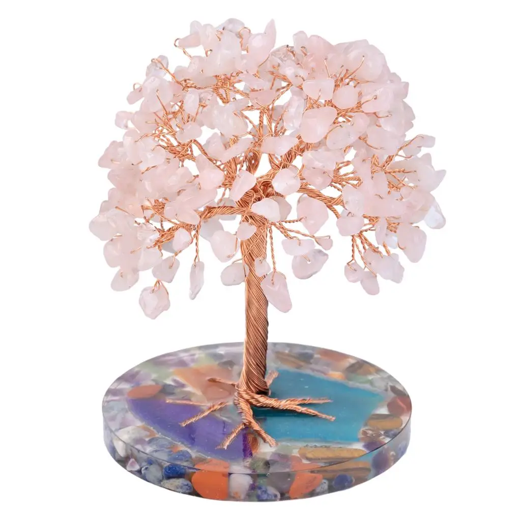 Natural Rose Quartz Crystal Money Tree With Agate Slice Base Bonsai Tree Feng Shui Desktop Ornaments Room Decor For Luck Wealth