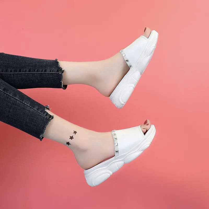 

2019 Summer New Style WOMEN'S Slippers WOMEN'S Shoes Platform Shoes Thick Bottomed Not Cover Heel Semi-high Heeled Comfortable K