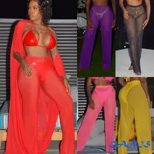 Женские пляжные сетчатые прозрачные брюки с высокой талией бикини, расклешенные брюки