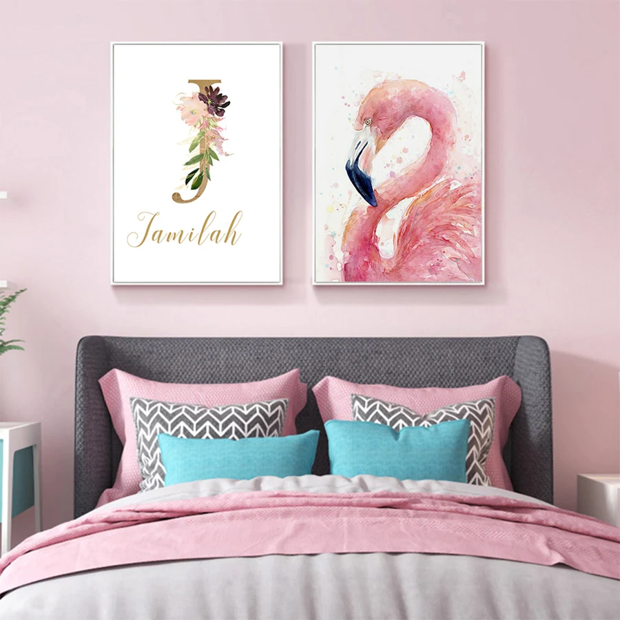 Пользовательские Картины для маленьких девочек имя плакаты и принты скандинавские фламинго и цветы фотографии дети принцесса спальня стены Искусство Декор