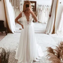 

Bohemian A Line Chiffon Wedding Dresses 2021 Lace Appliques V Neck White Dress For Women Vestidos De Noiva Sleeveless Bridal