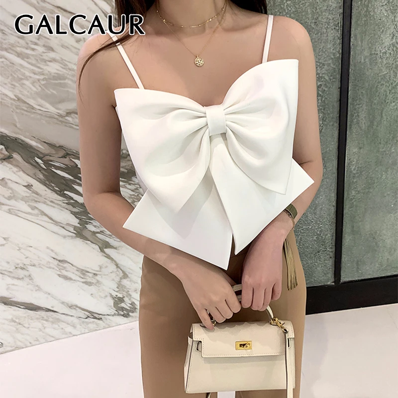 

GALCAUR Sexy Bowknot Vest For Women Square Collar Sling Sleeveless Summer Short Vests Female Korean Fashion Clothes 2020 Tide