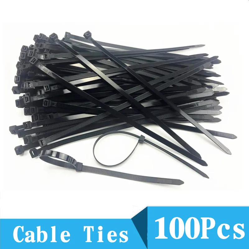 Brida de nailon de plástico de autosujeción, anillo de sujeción de 5x300 cables, 3x200, correa de cremallera, conjunto de cables de nailon, color negro, 100 Uds.