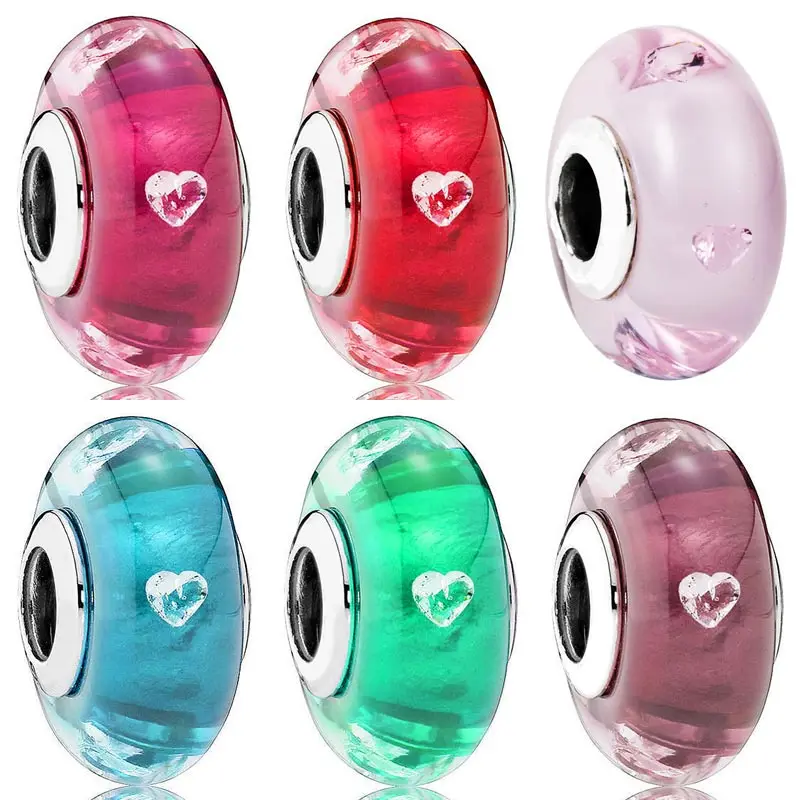 

Original Cerise & Pink Heart Murano Glass With Cubic Zirconia Beads Fit 925 Sterling Silver Charm Pandora Bracelet DIY Jewelry