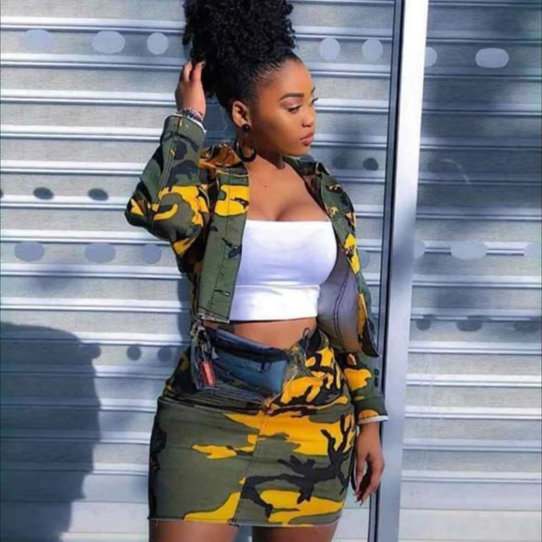 two piece denim jacket and skirt