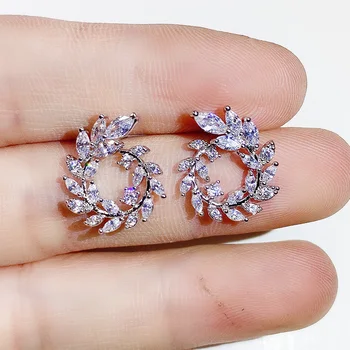 

2019 Leaf Shape Fashion Silver Colour Round Sparkly Olive Branch Marquise Cubic Zirconia Stud Earrings Jewelry Pendientes