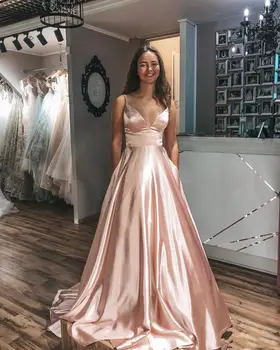 

A-line Prom Evening Dress 2020 Elegant Sleeveless Long Prom Gowns Sweep Train Taffeta Formal Dresses with Pockets prom dress