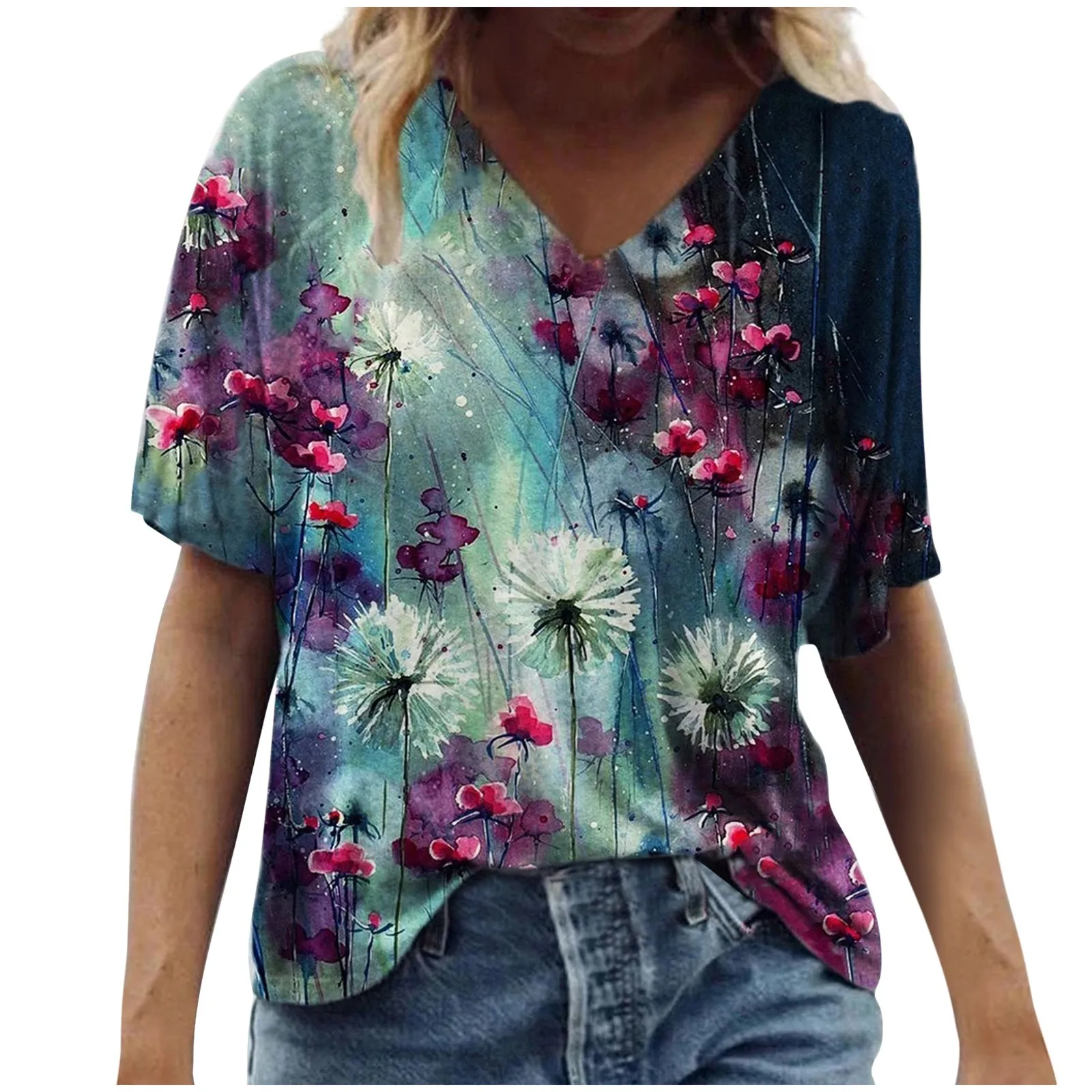 Vintage Woman Tshirts Women Summer Flower Printed Short Sleeve V-Neck T-Shirt Casual Tee Tops Graphic T Shirt