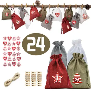 

24PCS Christmas Calendar Gift Bag Advent Calendar Countdown Bag Candy Gift Sacks Pouch with Stickers Rope Home Christmas Decor