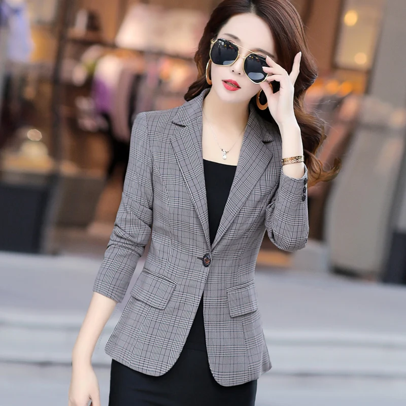 2020 New Spring Autumn Plus Size 3XL Womens Business Suits One Button Thin female suit plaid short coat