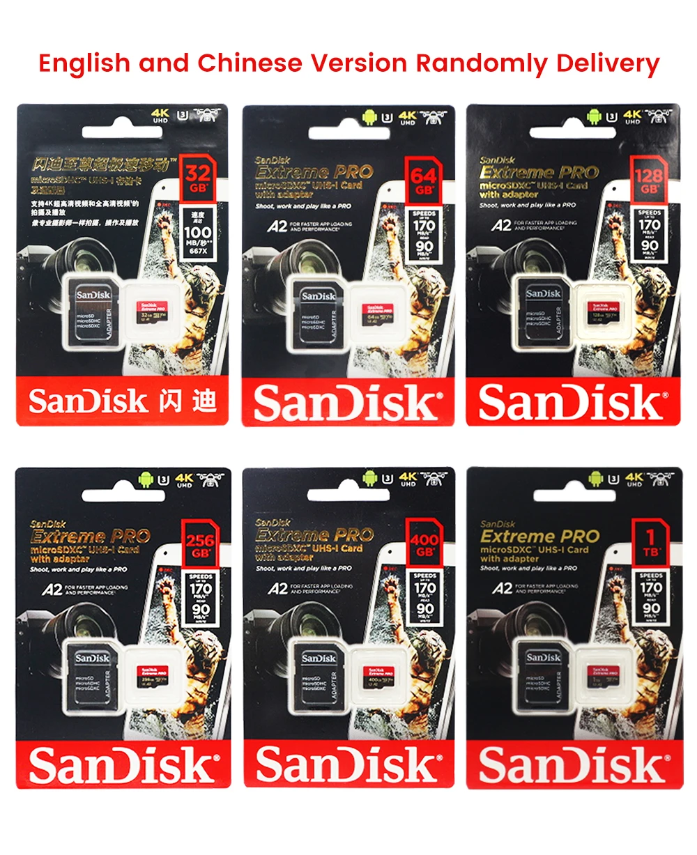 SanDisk Extreme Pro micro sd 64GB 128GB 1TB Memory Card 512G class 10 cartao de memoria U3 A2 V30 1TB tf flash card for gopro