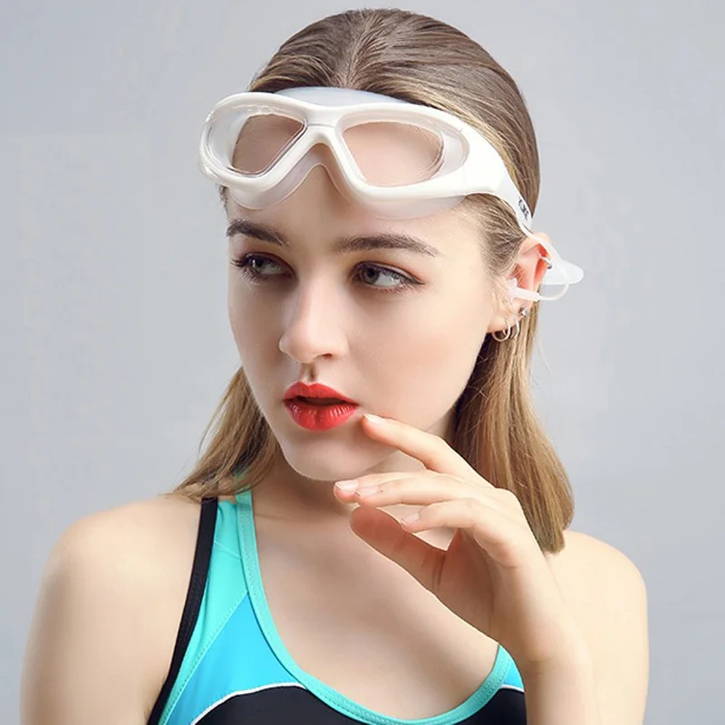 Большие очки для плавания с заушником HD прозрачные очки противотуманные силиконовые водонепроницаемые мужские и женские очки для плавания для взрослых - Цвет: White