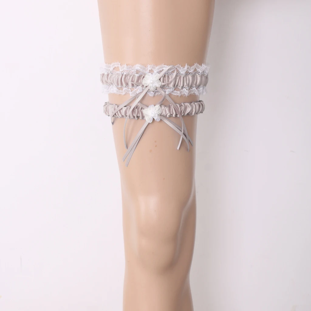 2Pcs Rustic Bridal Wedding Garter Floral Stretch Bridal Lace Satin Bowknot Thigh Ring Soft Socks Hen Party Lace Pearls Garter