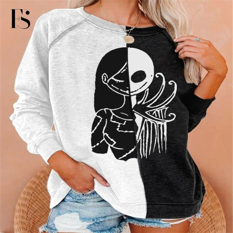 

2020 Autumn Women's Hoodies Casual Skull Print Long Sleeve Tops Fashion O Neck Loose Patchwork Sweatshirt
