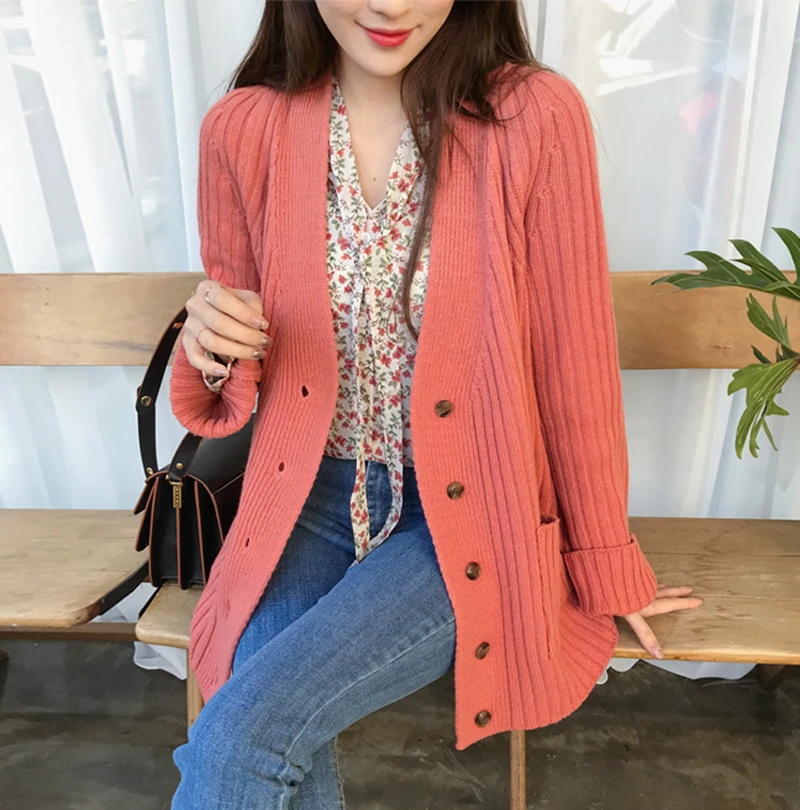 BGTEEVER шикарные карманы женские кардиганы осень зима Открытый стежок свитер свободные однобортные кардиганы женские вязаные топы