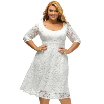 

XXXL Big Size Lace Print Dress Plump Women 2020 New Sexy O Neck Half Sleeve White Dress Office Lady Back Zipper Hollow Out Dress