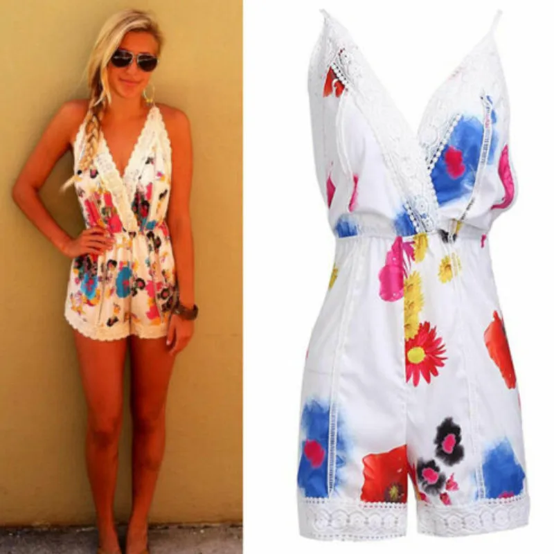 Summer Women Sleeveless Sling Playsuit Floral Print Lace High Waist Backless Casual Slim Multicolor Short Romper