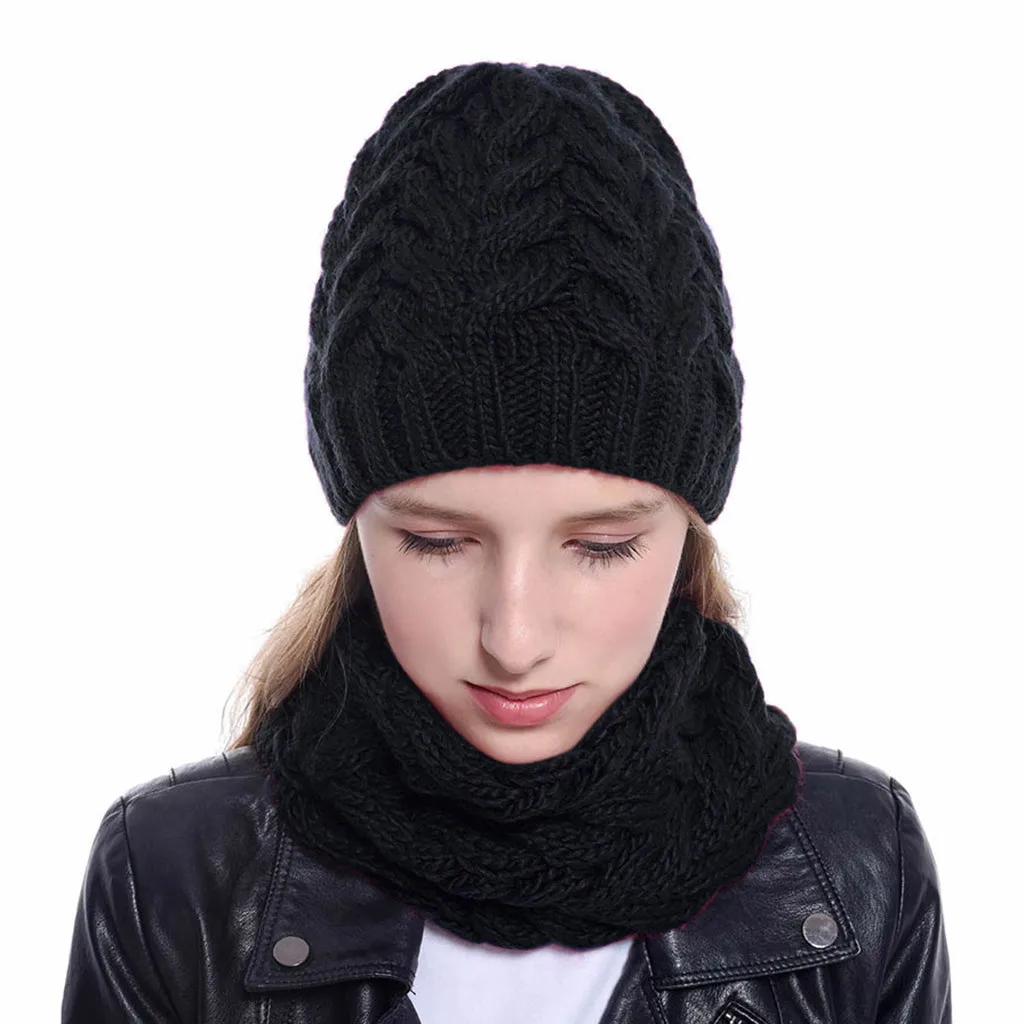 Зимние шапки для женщин, вязаная шапка с шарфом, комплект из 2 предметов, модная шерстяная утолщенная шапка, воротники, женская теплая шапка, шарф, набор снежных шапок - Цвет: Black Cap