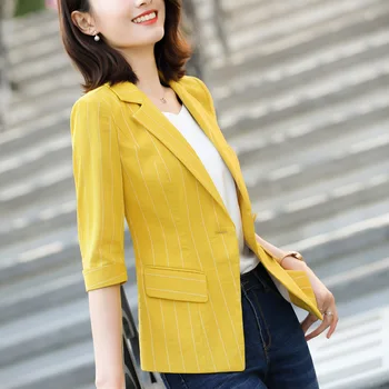 

2020 Summer New Thin Stripe Yellow Blazers Women 3/4 Sleeve Slim Coats and Jackets Office Lady Single Button Blazer Feminino