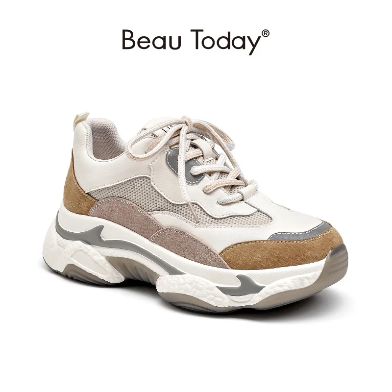 Женские кроссовки из яловой кожи BeauToday повседневные с круглым носком и