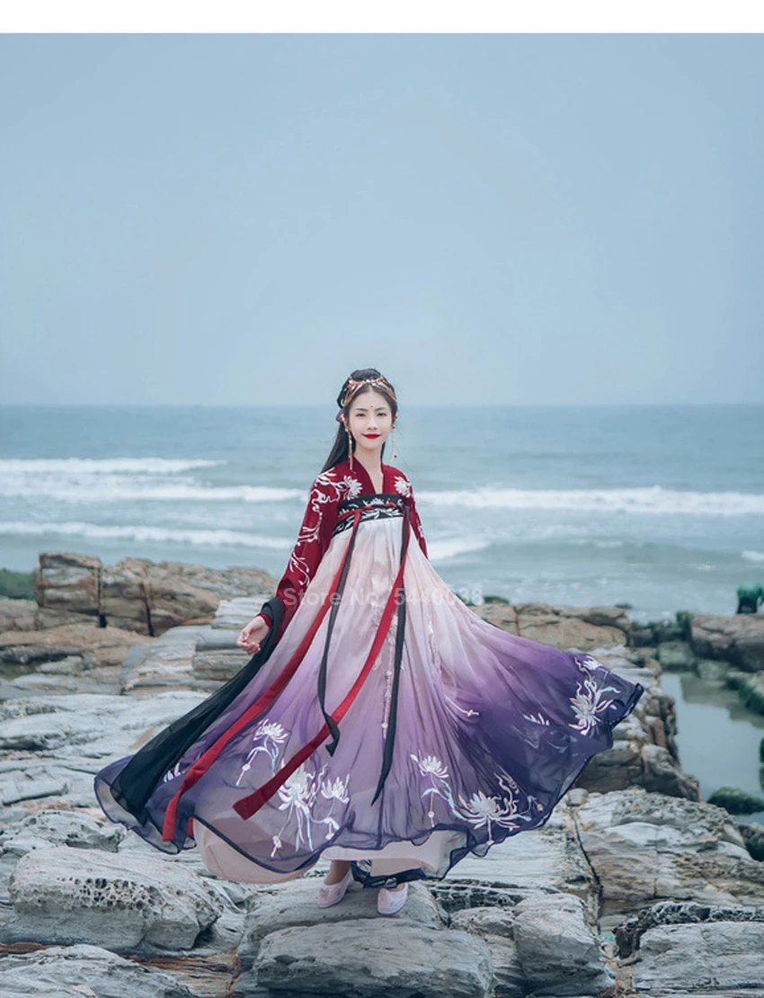 Китайская традиционная одежда Hanfu платье для женщин древняя народная танцевальная сценическая Цветочная вышитая Феи градиентная юбка