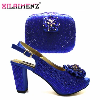 

Sexy Women Shoes and Bag Set Italian Royal Blue Mature Style Lady Shoes Matching Hand Bag for Wedding