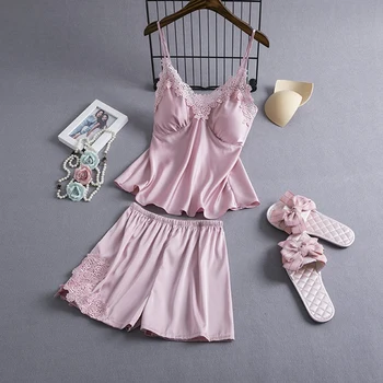 

Sexy Satin Pajama Set Summer Negligee Shorts Pyjamas Women Sleepwear Sets Lingerie Plus Size Pajamas Nighties Pink Nightwear