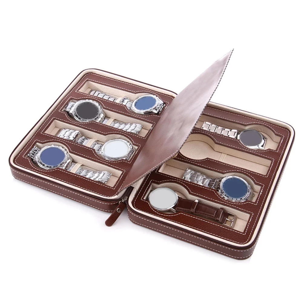 Black Faux Leather Watch Display Storage Box Watched Case 2/4/8 Grids Tray Zippered Travel Watch Collector Case