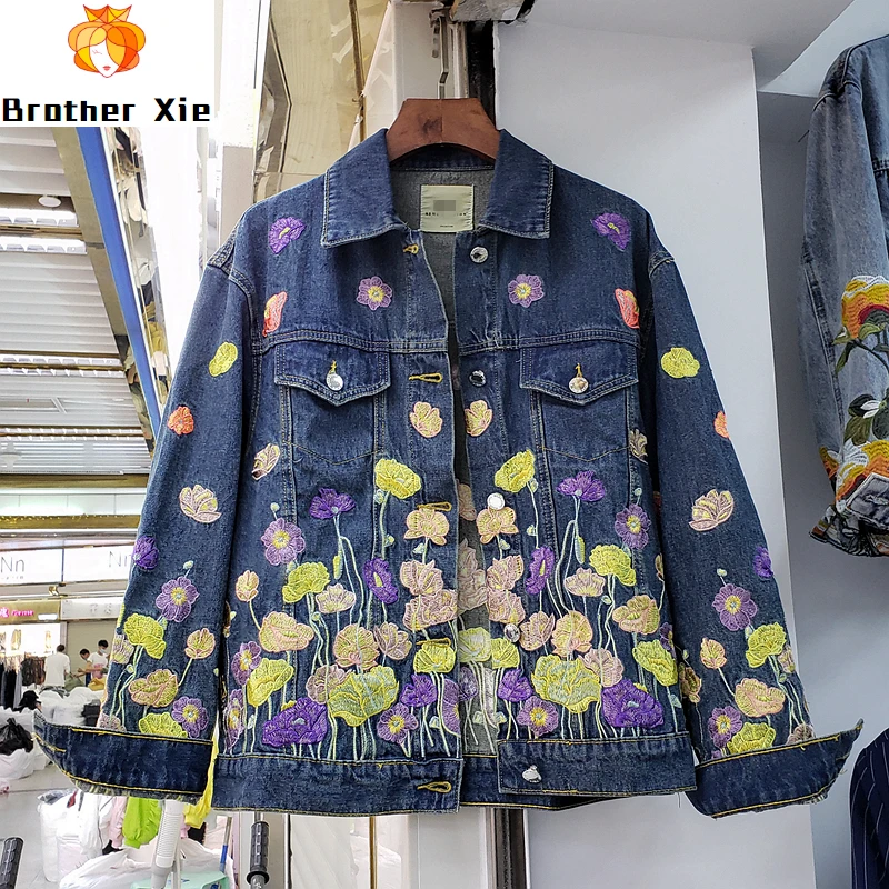 

European Style Jean Jacket for Women 2020 Spring Autumn New Style Machine Embroidery Jeans Coat Flower Embroidery Jacket Coats
