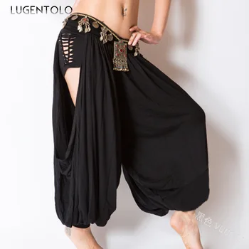 

Lugentolo Pants Women Summer Low Solid Hollow Out Elastic Waist Loose Full Length Polyester Plus Size Cross-pants