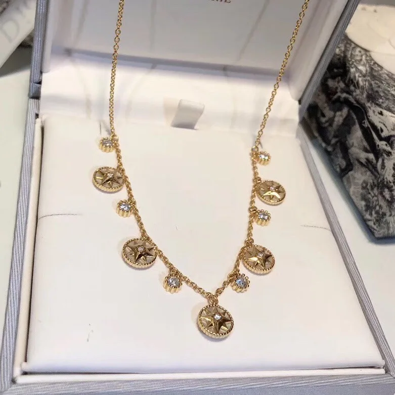 

100% Sterling Silver 925 charm Round Zircon Creative Eight-pointed Star Pendant cz drill gold Necklace for Women famous jewelry