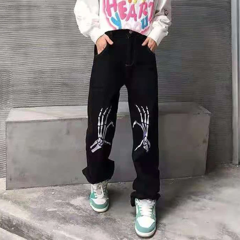 Jeans ricamati a mano con teschio per uomo e donna pantaloni Hip Hop larghi  Casual in Denim strappato pantaloni larghi retrò Vibe Jean|Jeans| -  AliExpress