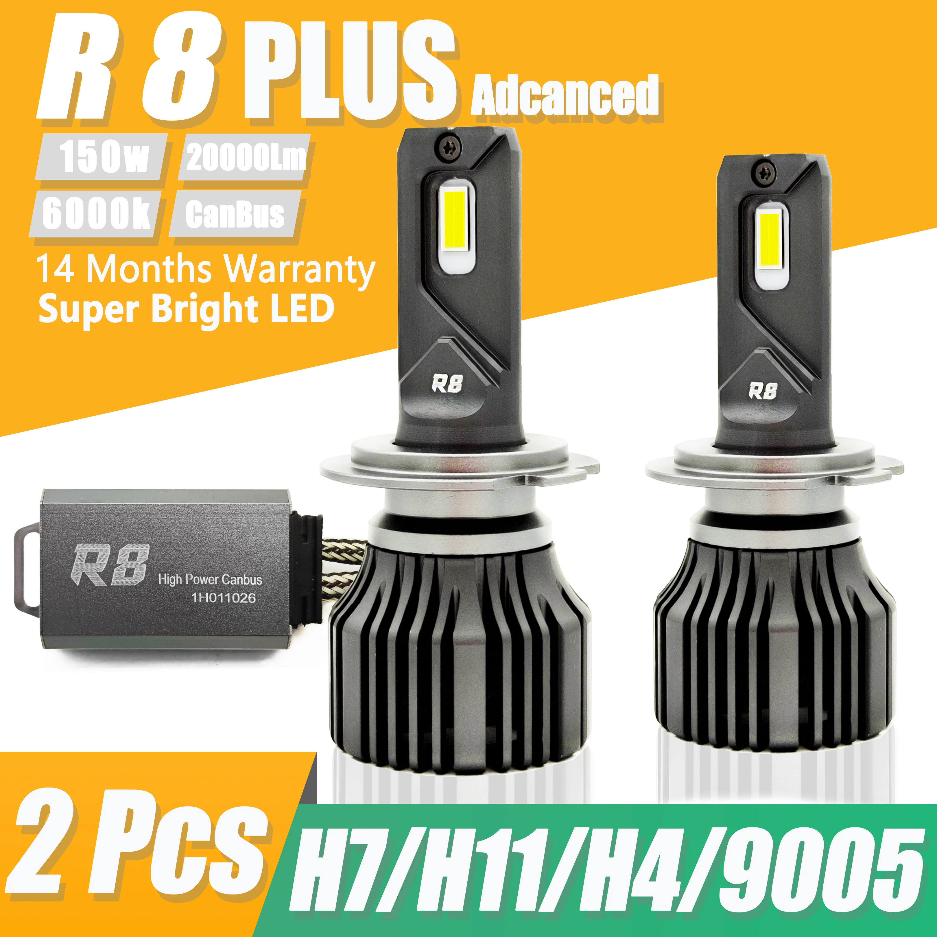 R8 H7 Led 3570 Headlight 20000Lm H4 Led Headlight Coche Moto H11 Led Canbus  6000K 12V White 150W