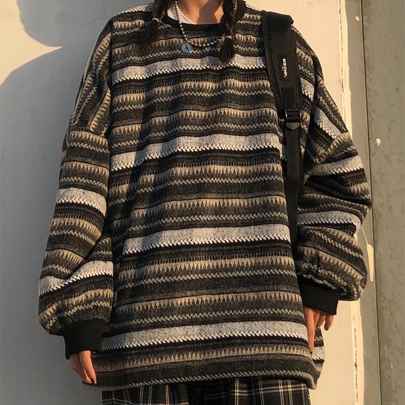 

Pullovers Women Oversize Ulzzang BF Unisex Couples Japanese Striped Knit Sweater Hip Hop Female New Winter Fashion Retro Daily
